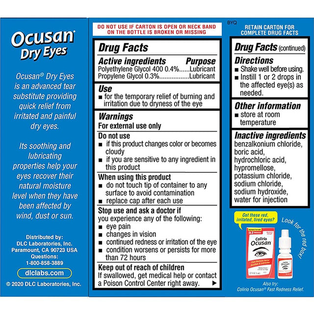 Ocusan Lubricating Eye Drops for Dry Eyes Soothing Lubricant Drops with 2 Moisturizers 0.5 Fl Oz