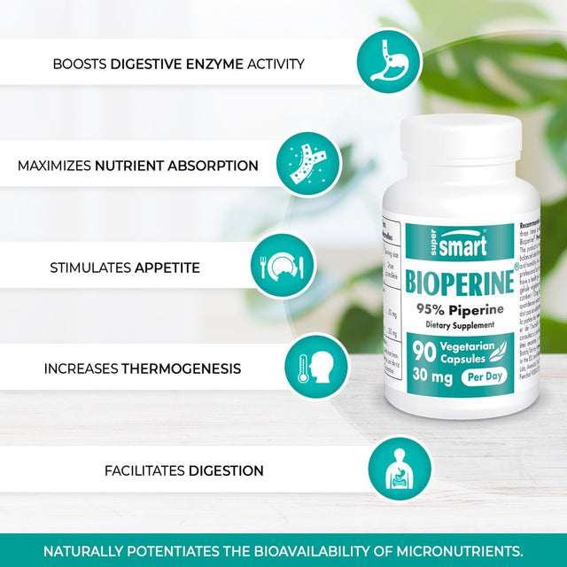 Supersmart - Bioperine 30 Mg per Day - 95% Piperine Supplement - Black Pepper Extract - Enhance Absorption | Non-Gmo & Gluten Free - 90 Vegetarian Capsules