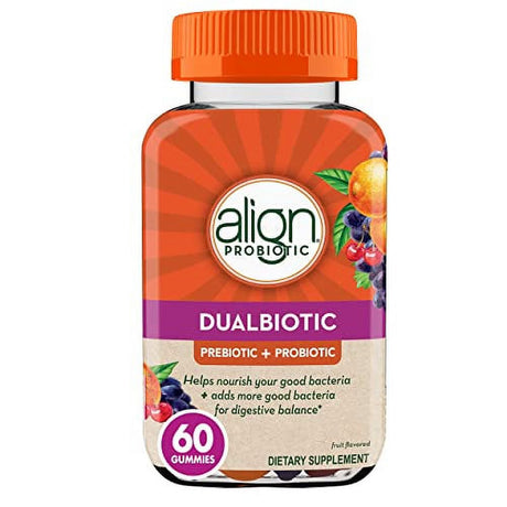 Align Dualbiotic, Prebiotic + Probiotic for Women and Men, Help Nourish and Add Good Bacteria for Digestive Support, Natural Fruit Flavors, 60 Gummies