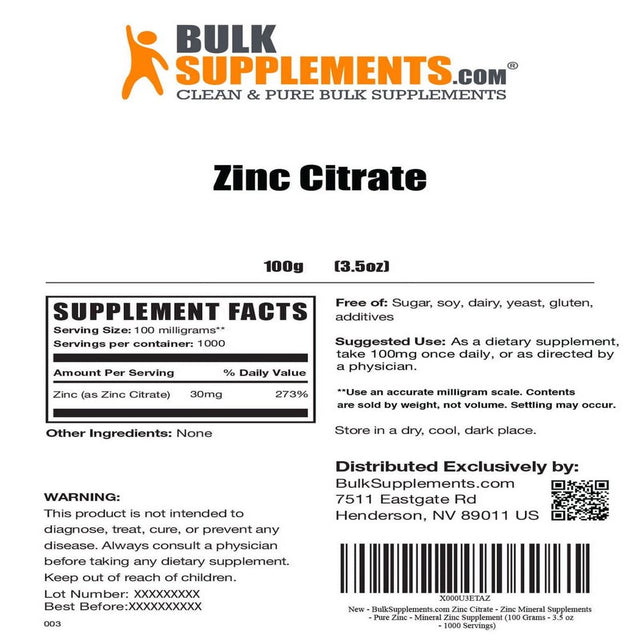 Bulksupplements.Com Zinc Citrate Powder - Zinc Mineral Supplements - Pure Zinc - Mineral Zinc Supplement (100 Grams - 3.5 Oz)