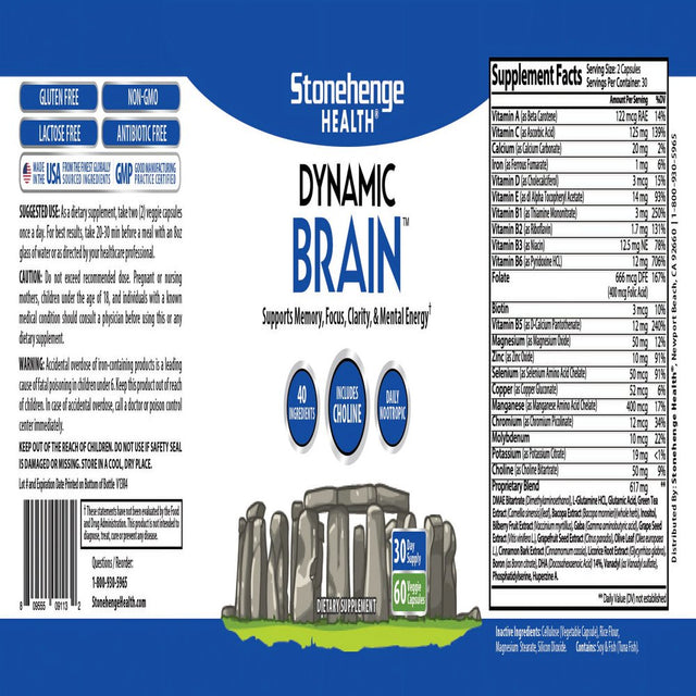 Stonehenge Health Dynamic Brain Supplement Memory, Focus, & Clarity Formulated with 40 Unique Nootropic Ingredients: Choline, Phosphatidylserine, Bacopa Monnieri, and Huperzine A