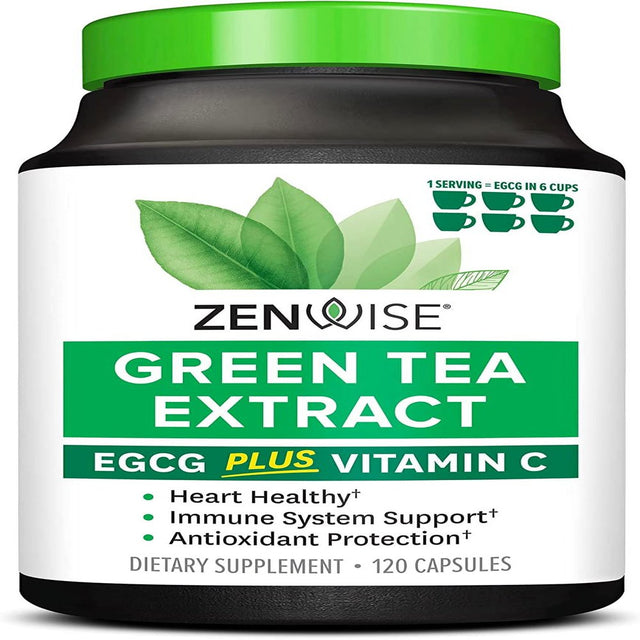 Zenwise Green Tea Extract with EGCG & Vitamin C - Antioxidant & Immune Supplement - Vegan Skin & Heart Support Brain Health & Memory Boost - 120 Count