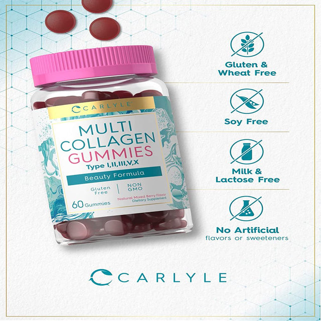 Collagen Gummies | 60 Count | Multi Collagen Complex | Beauty Formula Supplement | Mixed Berry Flavor | Non-Gmo, Gluten Free | Carlyle