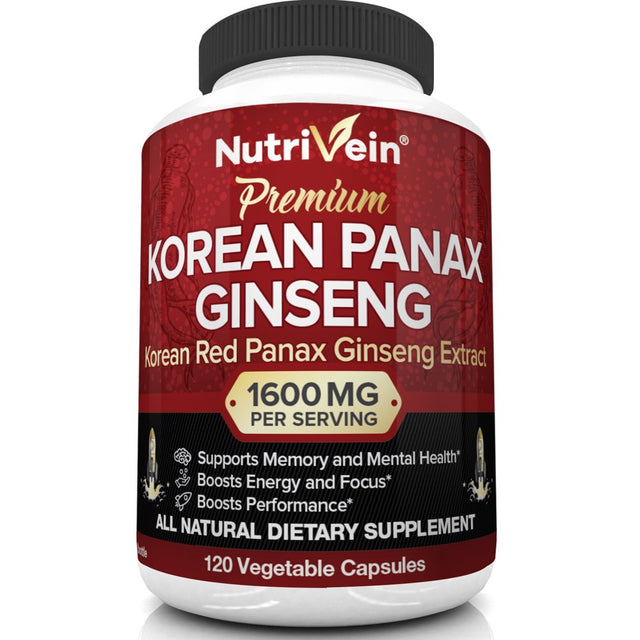 Nutrivein Korean Red Panax Ginseng 1600Mg - 120 Vegan Capsules - for Energy, Libido