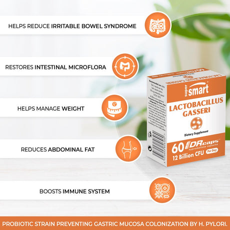 Supersmart - Lactobacillus Gasseri 12 Billion CFU per Day - Probiotic Strain Supplement - Digestive Health & Weight Control | Non-Gmo & Gluten Free - 60 DR Capsules