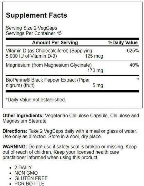 KAL Vitamin D3 & Magnesium Glycinate, Enhanced Absorption Formula with Bioperine, Muscle & Bone Health Support, Immune Support & More, Non-Gmo, Gluten Free, 45 Servings, 90 Vegcaps