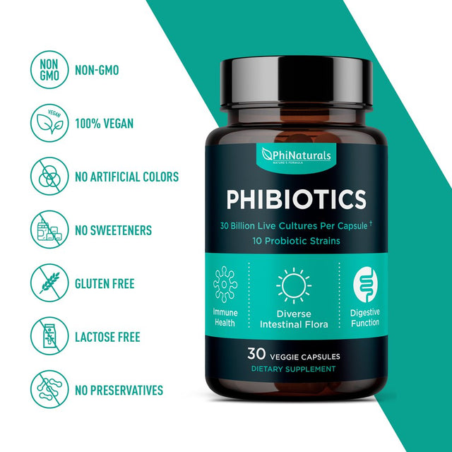 Probiotics 1030 Supplement - Probiotics Supplement with 30 Billion Cfus of High Strength Probiotic for Digestive Health with 10 Strains of Acidophilus and Bifidobacterium by Phi Naturals