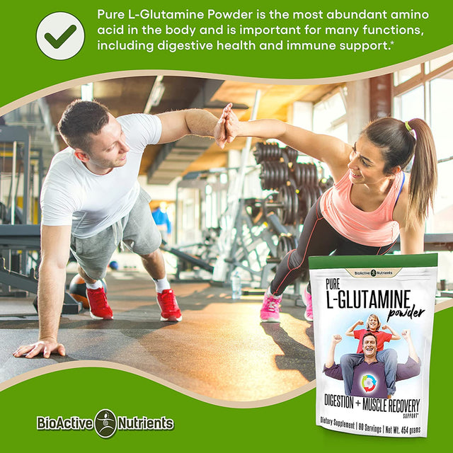 BIOACTIVE NUTRIENTS Pure L-Glutamine Powder Supplement - Optimum Gut Health and Muscle Recovery Support - Nutrition Supplements Powder - Gluten-Free - 454 G / 90 Servings