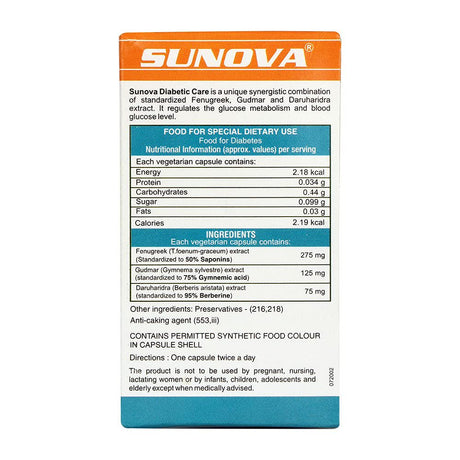 SUNOVA DIABETIC Care Capsules – an Effective Vegan Supplement, Fenugreek, Gudmar, and Daruharidra Extract for Blood Sugar Balance 60 Veg Capsules