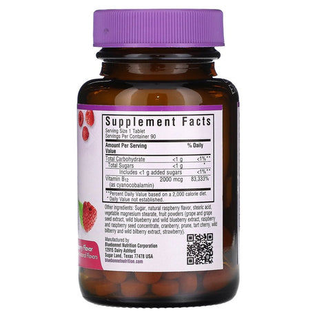 Bluebonnet Nutrition Earthsweet Chewables, Vitamin B12, Raspberry , 2,000 Mcg, 90 Chewable Tablets