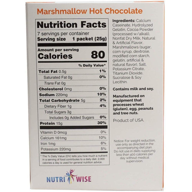 Nutriwise Hot Chocolate | Healthy Diet Drink | High Protein, Low Carb, Low Calorie, Trans Fat Free, Cholesterol Free (7/Box) (Marshmallow)