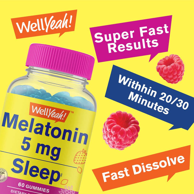 Wellyeah Melatonin Gummies 5 Mg - Natural Raspberry Flavor - Drug-Free Gummy Supplement - Gluten Free and Gelatin Free, Vegetarian - 60 Gummies