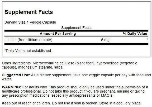 Swanson Lithium Orotate Vegetable Capsules, 5 Mg, 60 Count