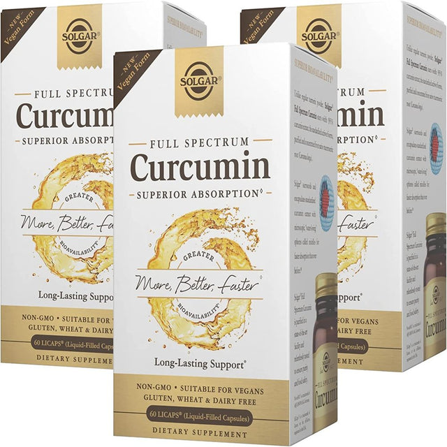 Solgar Full Spectrum Curcumin Liquid Extract, 60 Softgels - 3 Pack - Faster Absorption - Brain, Joint & Immune Health - Long Lasting Support - Non GMO, Gluten Free, Dairy Free - 60 Servings per Pack