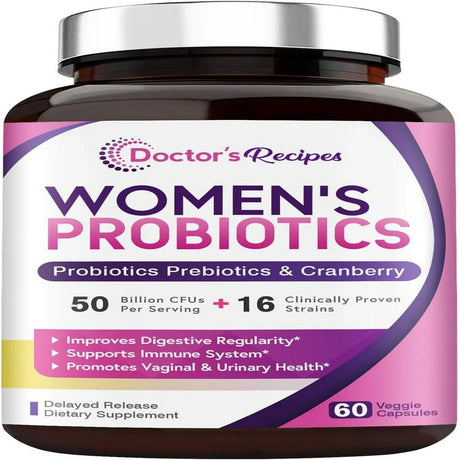 Doctor'S Recipes Women S Probiotic, 60 Caps 50 Billion CFU 16 Strains, with Organic Cranberry, Digestive Immune Vaginal & Urinary Health, Shelf Stable, Delayed Release, No Soy Gluten Dairy