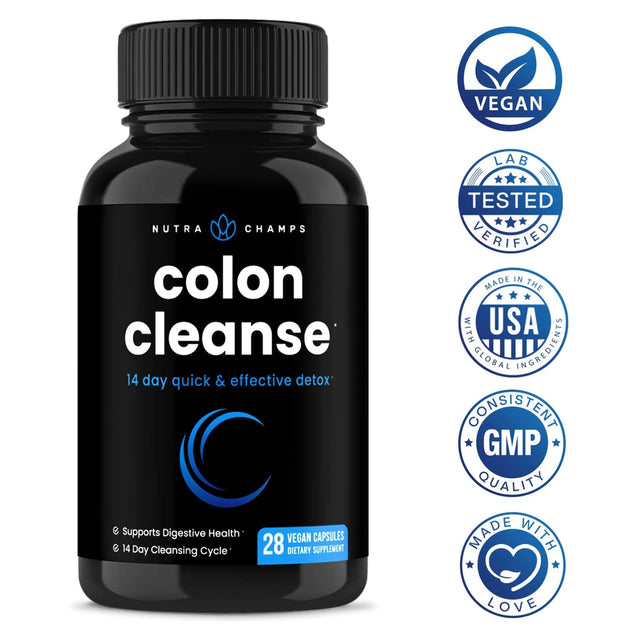 Nutrachamps Colon Cleanse & Detox for Weight Loss [14 Day Quick Cleanser] Safe & Effective Formula with Probiotic & Digestive Enzymes for Constipation Relief - Capsules Supplement to Flush Toxins