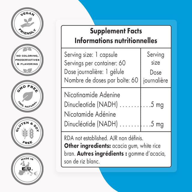 Supersmart - NADH 5 Mg per Day (Nicotinamide Adenine Dinucleotide) - Energy ATP Supplement - Brain Pills - Jet Lag Support | Non-Gmo & Gluten Free - 60 DR Capsules