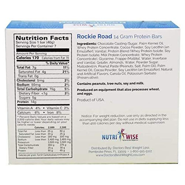 Nutriwise - Diet Bars | High Protein - Gluten Free - Low Cholesterol - Low Sodium - Low Sugar | 7/Box | (Rockie Road)