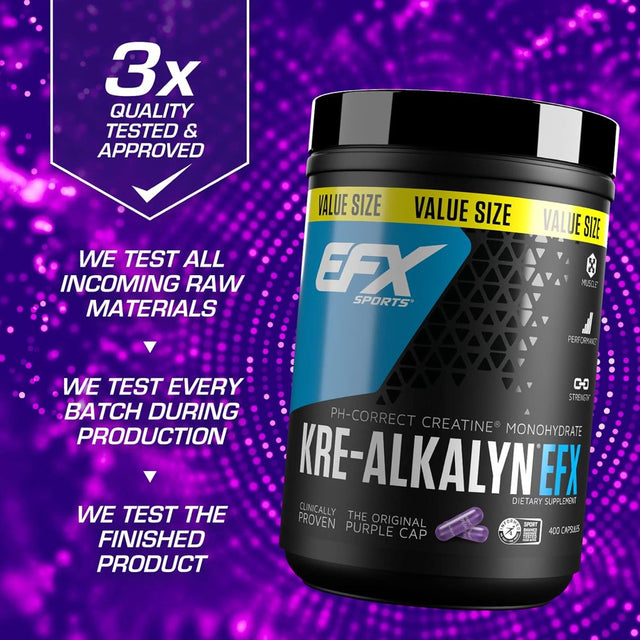 EFX Kre-Alkalyn , PH Correct Creatine Monohydrate , Patented Formula, Gain Strength, Build Muscle & Enhance Performance - 400 Capsules / 200 Servings