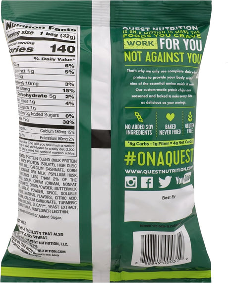 Quest Nutrition Protein Chips, Sour Cream & Onion, 21G Protein, 3G Net Carbs, 130 Cals, 1.1 Oz Bag, 1 Count, High Protein, Low Carb, Gluten Free, Soy Free, Potato Free