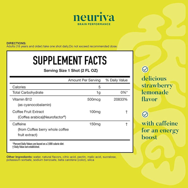 NEURIVA Brain + Energy 12 Bottles Supplement with Clinically Tested Neurofactor for Focus & Concentration Vitamin B12 Immediate Energy Boost (12 Bottles X 2 Fl Oz) *EN