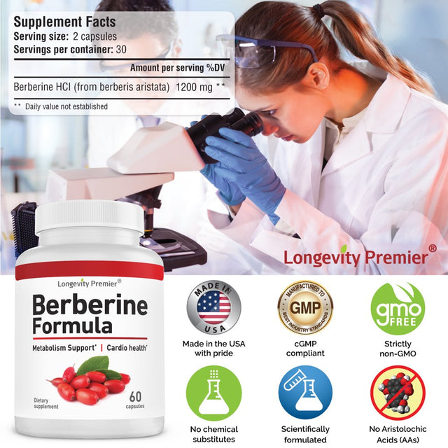 Longevity Berberine Formula: Premier Blood Sugar Support & Healthy Cholesterol Levels Booster. High Potency 1200Mg