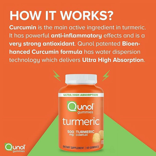 Qunol Turmeric Gummies, Qunol Gummy with 500Mg Turmeric Curcumin, Joint Support Supplement, Ultra High Absorption Tumeric Curcumin, Vegan, Gluten Free, 2 Month Supply (60 Count, Pack of 2)