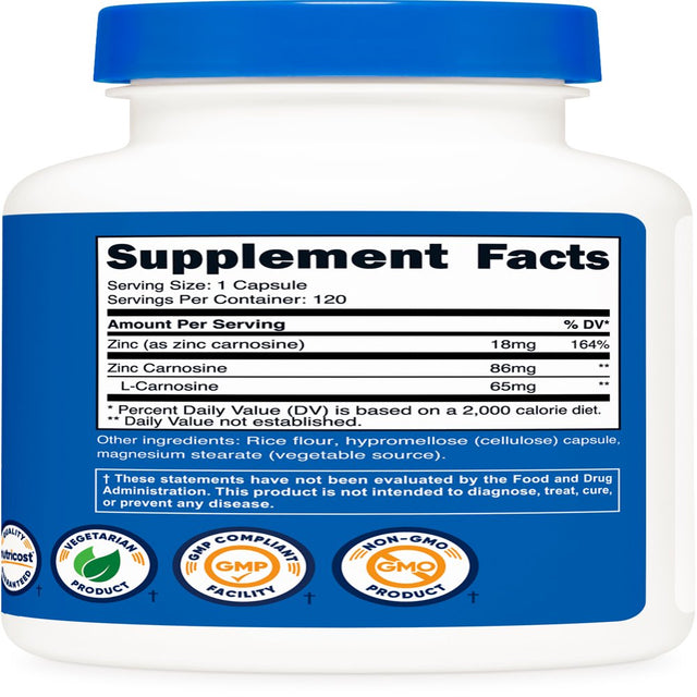 Nutricost Zinc Carnosine 86Mg, 120 Capsules - Non-Gmo, Gluten Free Supplement