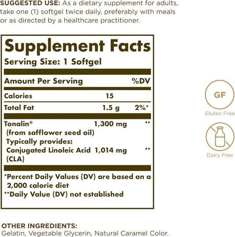 Solgar Tonalin CLA 1300 Mg - 60 Softgels - Conjugated Linoleic Acid - Non-Gmo, Gluten Free, Dairy Free - 60 Servings