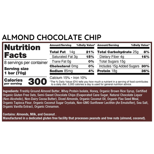 G2G Protein Bar, Almond Chocolate Chip, Real Food Ingredients, Refrigerated for Freshness, Healthy Snack, Delicious Meal Replacement, Gluten-Free, 8 Count (Pack of 8)