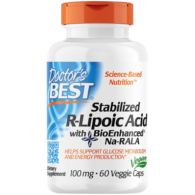 Doctor'S Best Stabilized R-Lipoic Acid with Bioenhanced Na-Rala, Non-Gmo, Gluten Free, Soy Free Vegan, Helps Maintain Blood Sugar Levels, 100 Mg 60 Veggie Caps