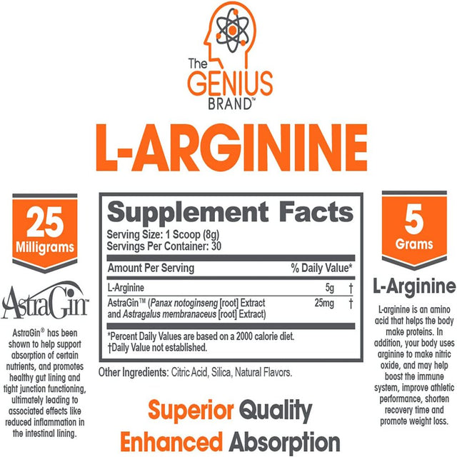 Nitric Oxide Booster L-Arginine Supplement for Healthy Blood Pressure - Performance Support, Lemon, Genius L-Arginine by the Genius Brand