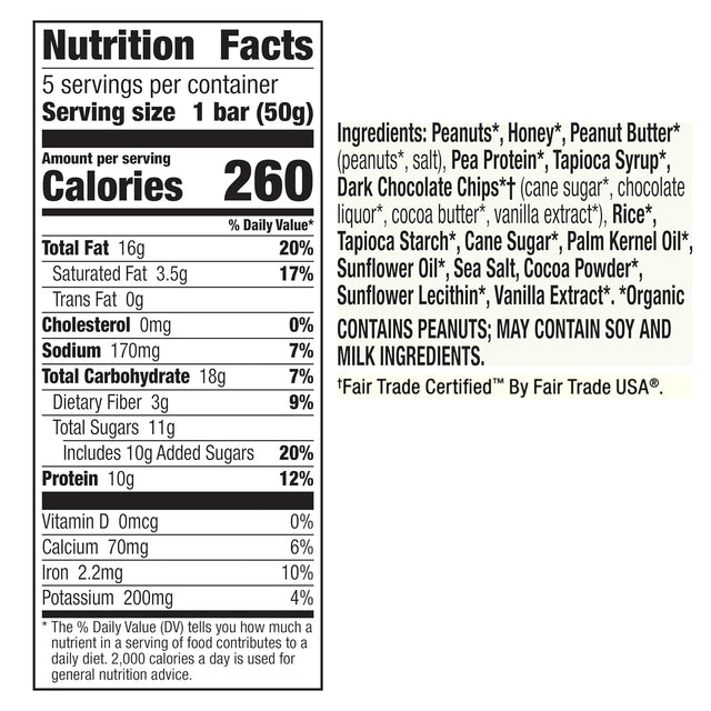 Cascadian Farm Organic Peanut Butter Dark Chocolate Chip Protein Bars, Non-Gmo, 5 Bars, 8.85 Oz.