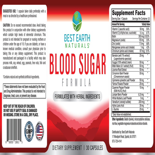 Best Earth Naturals Blood Sugar Support, Dietary Supplement, Juniper Berry, L-Taurine, 60 Ct