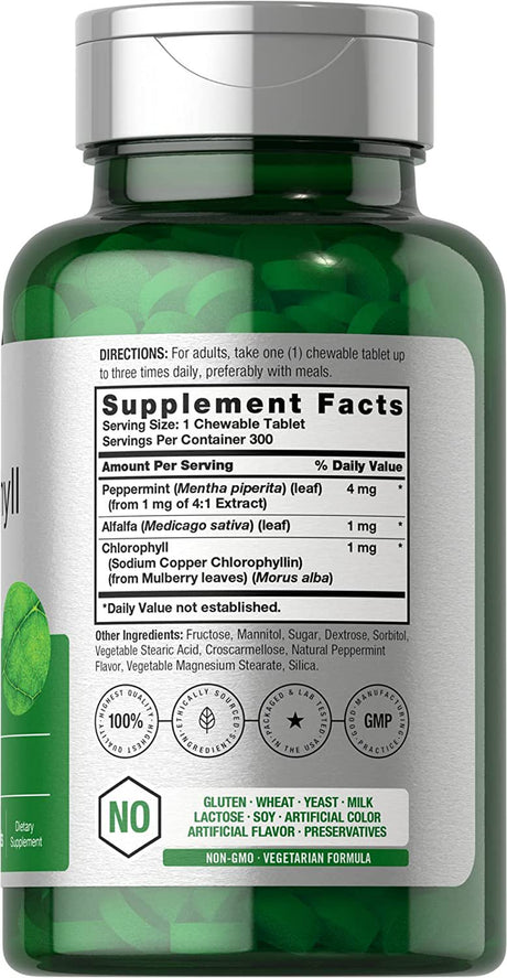 Chlorophyll Tablets | 300 Chewables | Natural Peppermint Flavor | Vegan | by Horbaach