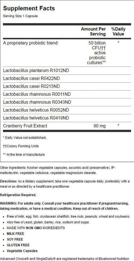 Bluebonnet Nutrition - Advanced Choice Ladies Singledaily Probiotic 50 Billion CFU - 30 Capsules