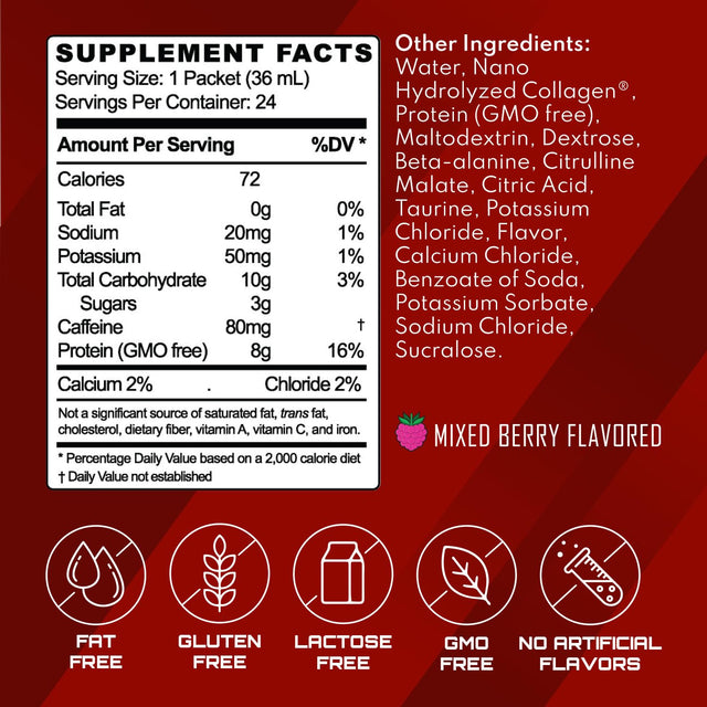 Frog Fuel Ultra Energized Pre Workout Shot, 80Mg Caffeine, 1500Mg Beta Alanine, Electrolytes 8G Protein Nano-Hydrolyzed Grass Fed Collagen, 10G Carbs, Gluten Free, Berry, 1.2 Oz Packets, 24 Pack