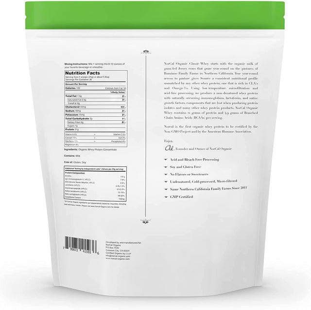 Norcal Organic - Whey Protein - 100% Grass-Fed and Grass-Finished - UNFLAVORED - Lecithin-Free - 2Lb Bulk