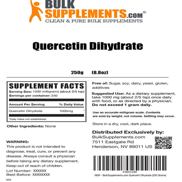 Bulksupplements.Com Quercetin Dihydrate Powder, 1000Mg - Antioxidant Supplement - Quercetin Supplement (250G - 250 Servings)