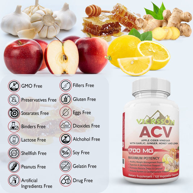 Vicksson Apple Cider Vinegar Pills 1700 Mg of ACV Capsules or Pills with Garlic, Ginger, Lemon & Honey for Weight, Detox, Cleanse, Appetite, Blood Sugar, Bloating, Metabolism & Immune Support | 120