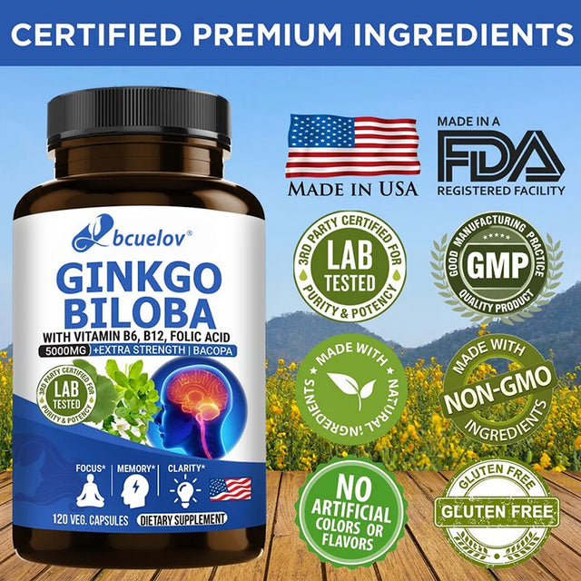 Ginkgo Biloba Supplement - with Vitamins B6 B12 - Standardized Extract 24% Ginkgo Flavonoid Glucosides 6% Terpene Lactones - Brain Memory Mental Clarity Alertness Energy Mood-60Capsules