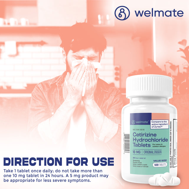 Welmate Antihistamine Allergy Relief - Cetirizine Hydrochloride 10Mg - 24 Hour Relief - 500 Tablets