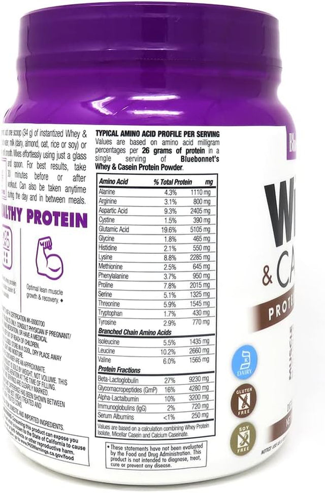 Bluebonnet Nutrition Whey & Casein Protein Powder, Whey from Grass Fed Cows, 26 Grams of Protein, No Sugar Added, Non GMO, Gluten Free, Soy Free, Kosher Dairy, 1.05 Lbs, 14 Servings, Chocolate Flavor