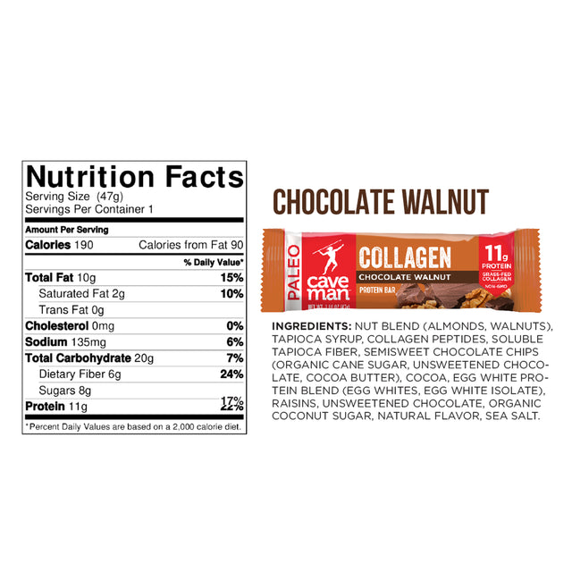 Caveman Collagen Chocolate Walnut Protein Bar