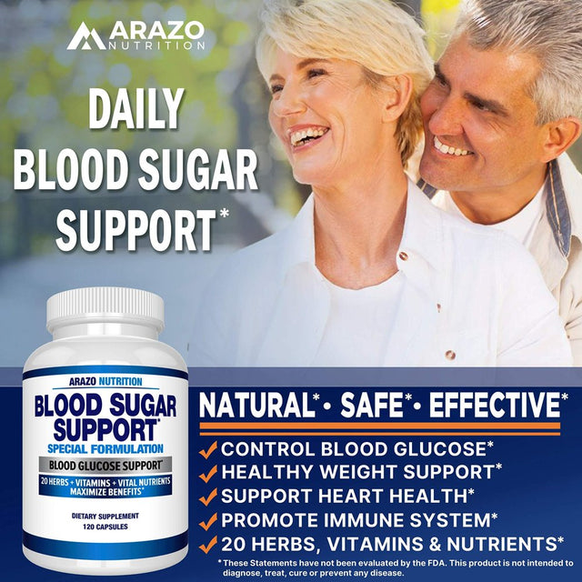 Blood Sugar Support Supplement - 20 Herbs & Multivitamin for Blood Sugar Control with Alpha Lipoic Acid & Cinnamon - 120 Pills - Arazo Nutrition