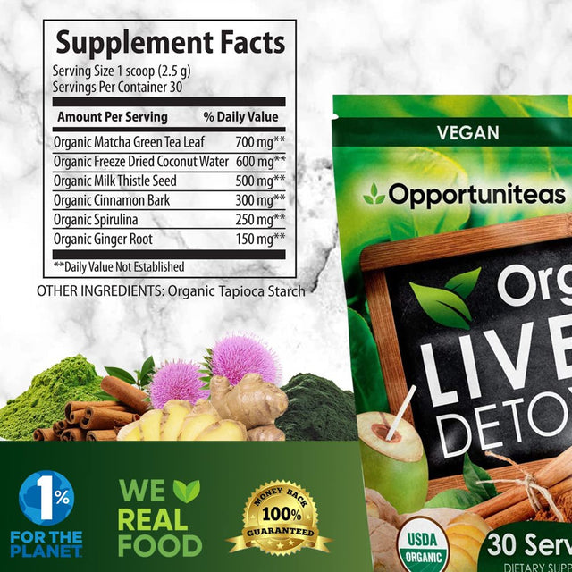 Opportuniteas Liver Detox Tea Matcha Green Tea, Milk Thistle, Spirulina Organic Vegan Superfood Powder 30 Servings