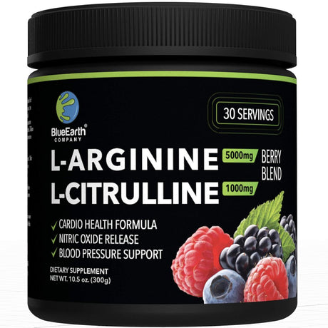 L-Arginine 5000Mg + L-Citrulline 1000Mg Complex Powder Supplement - Nitric Oxide Booster - Blood Pressure Support - Berry Flavored - 300G - Blueearth Company