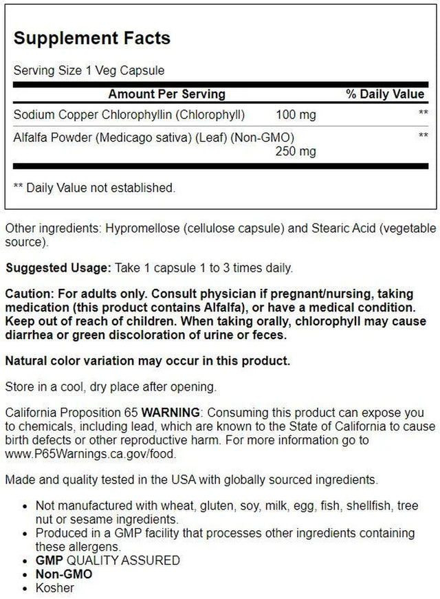 NOW Supplements, Chlorophyll 100 Mg with Alfalfa Powder, Green Superfood, 90 Veg Capsules