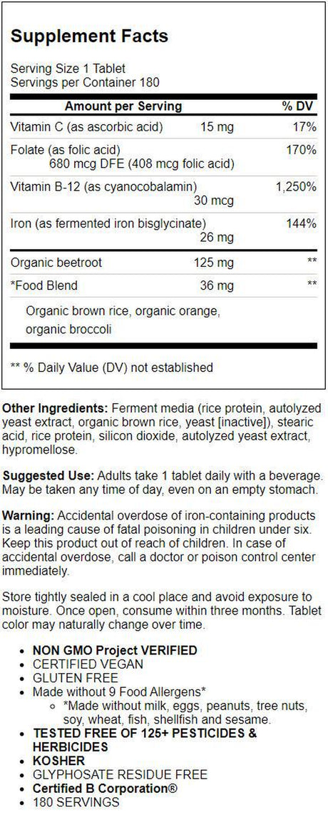 Megafood Blood Builder 180 Tabs Increases Iron Level *