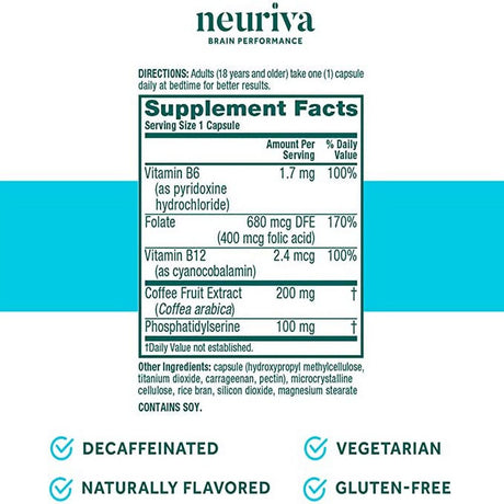 Neuriva Nootropic Brain Support Supplement - plus Capsules (30 Count in a Box), Phosphatidylserine, B6, B12, Supports Focus Memory Concentration Learning Accuracy and Reasoning